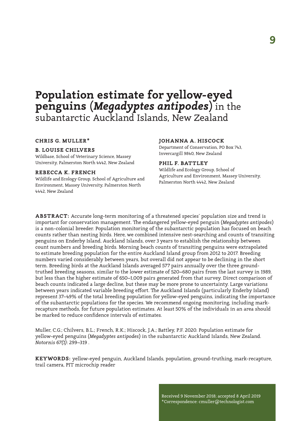 Population Estimate for Yellow-Eyed Penguins (Megadyptes Antipodes) in the Subantarctic Auckland Islands, New Zealand