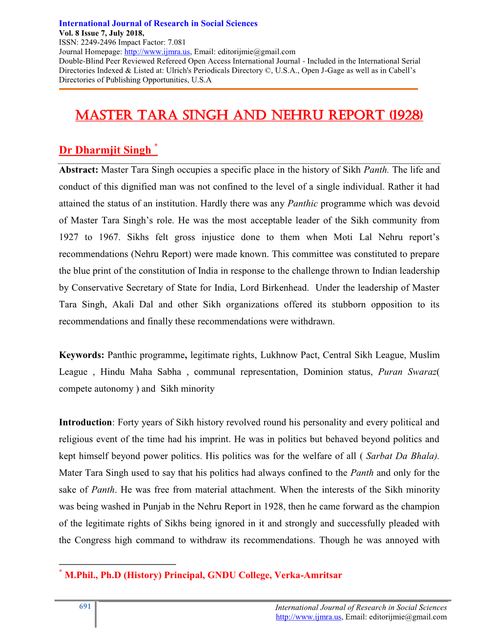 Master Tara Singh and Nehru Report (1928)