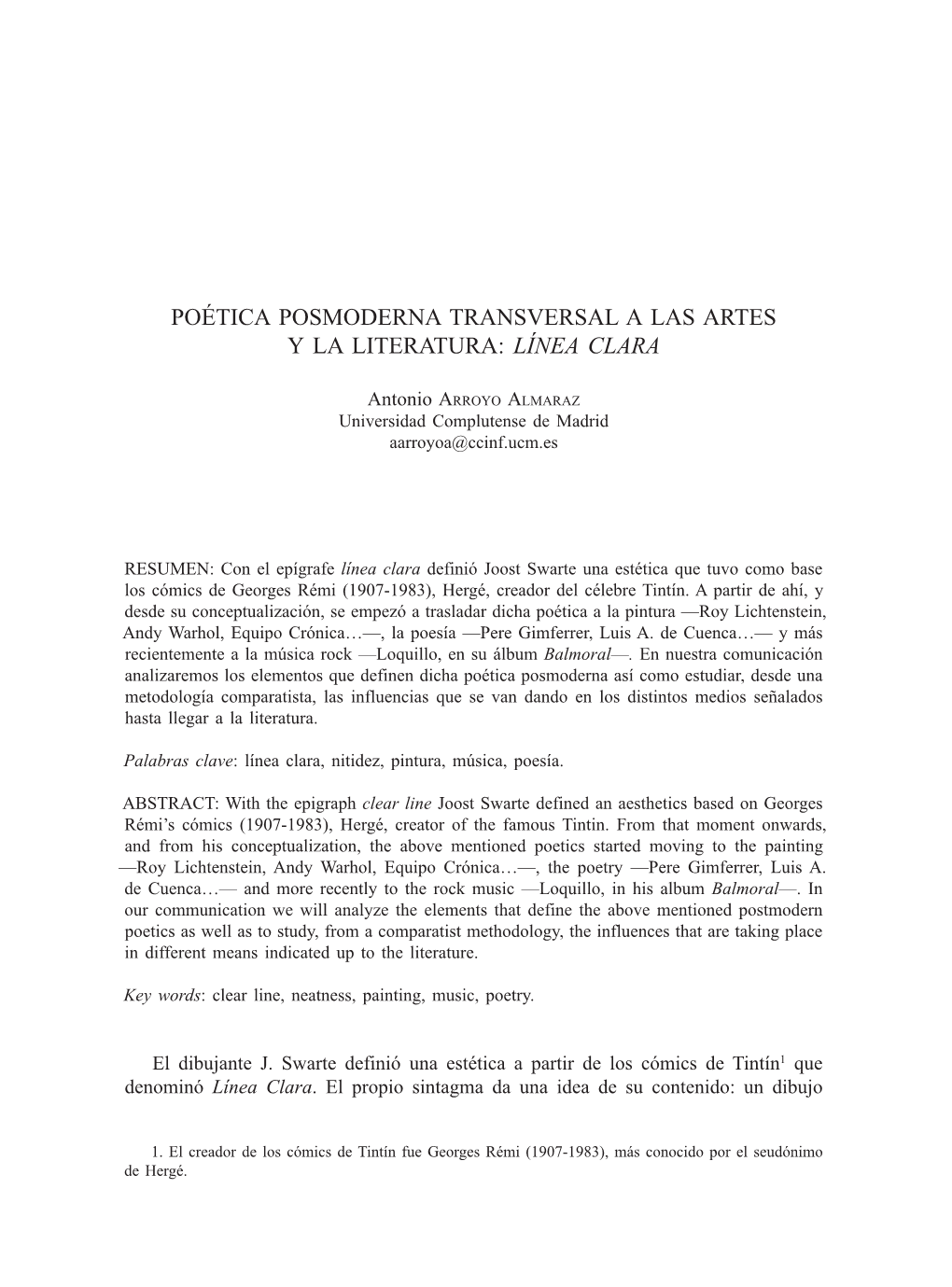 Pdf Poética Posmoderna Transversal a Las Artes Y La Literatura : "Línea Clara"