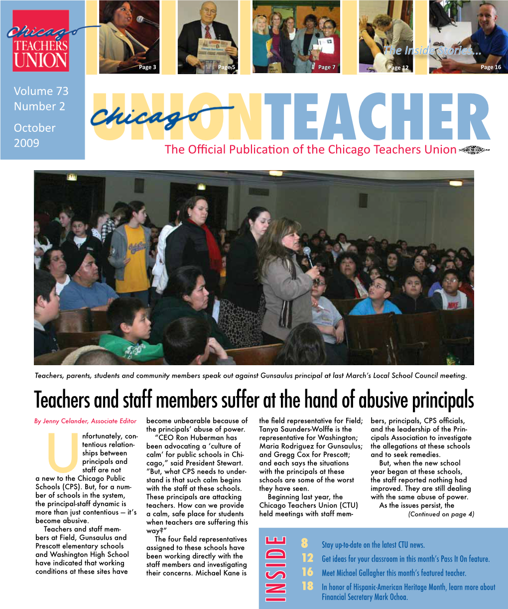 October 2009 Unionthe Official Publicationteacher of the Chicago Teachers Union