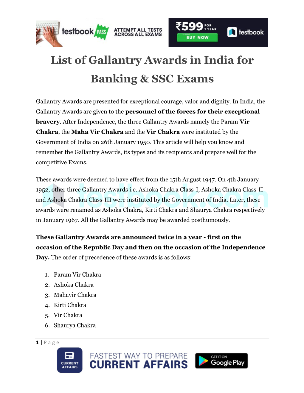 List of Gallantry Awards in India for Banking & SSC Exams