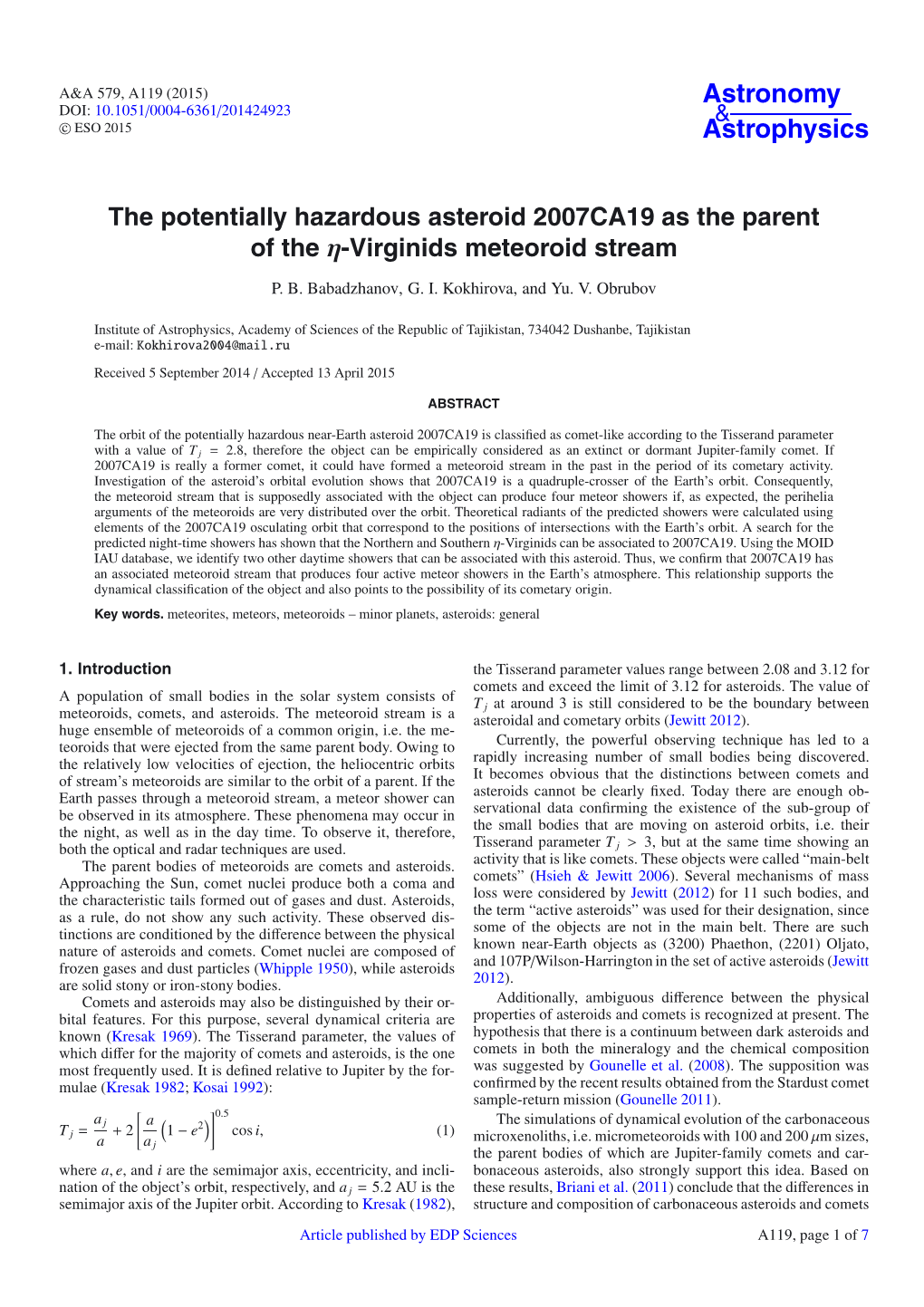 The Potentially Hazardous Asteroid 2007CA19 As the Parent of the Η-Virginids Meteoroid Stream