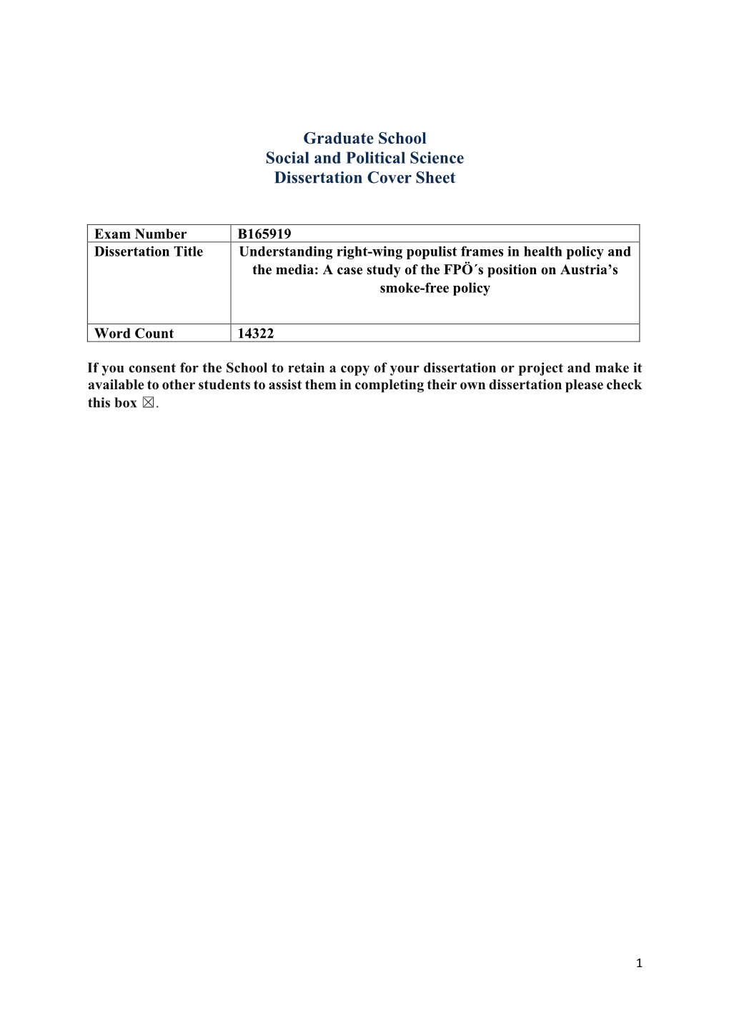 Graduate School Social and Political Science Dissertation Cover Sheet