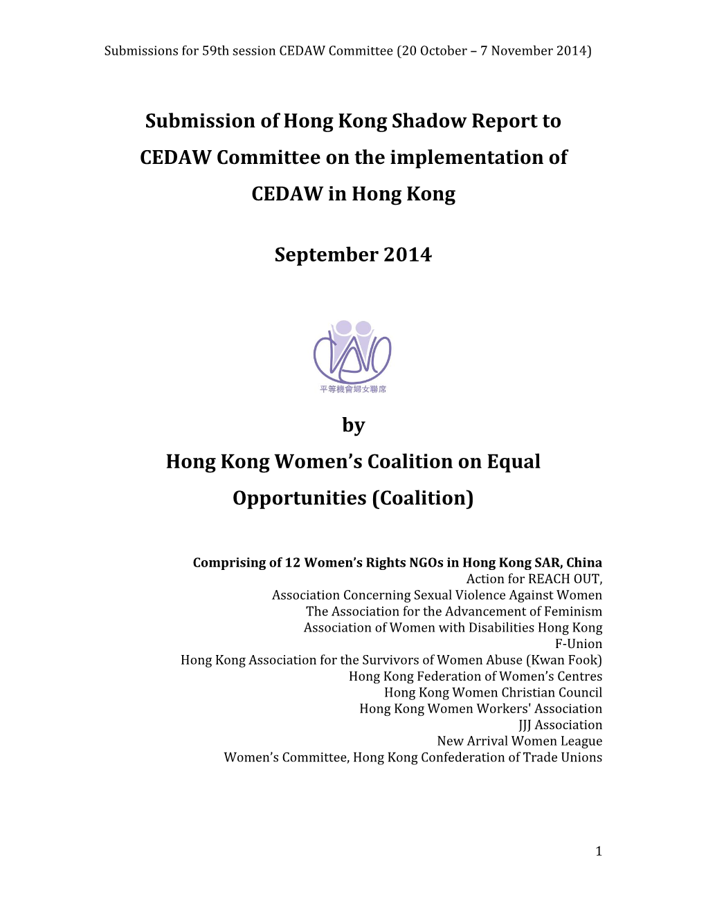 Submission of Hong Kong Shadow Report to CEDAW Committee on the Implementation of CEDAW in Hong Kong