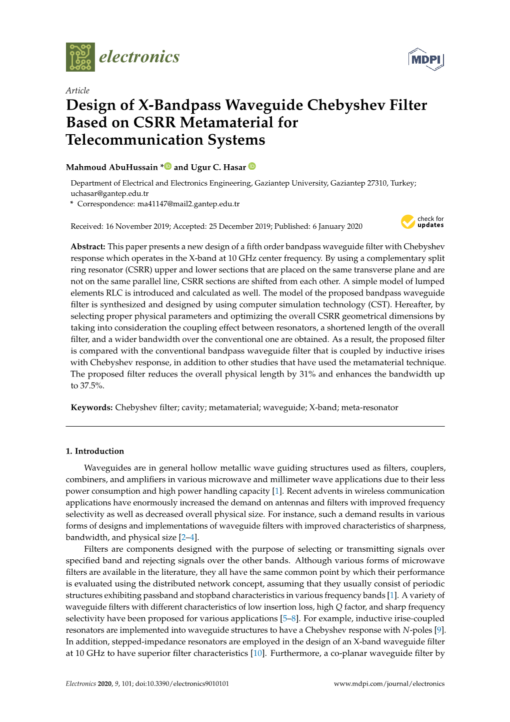 Design of X-Bandpass Waveguide Chebyshev Filter Based on CSRR Metamaterial for Telecommunication Systems