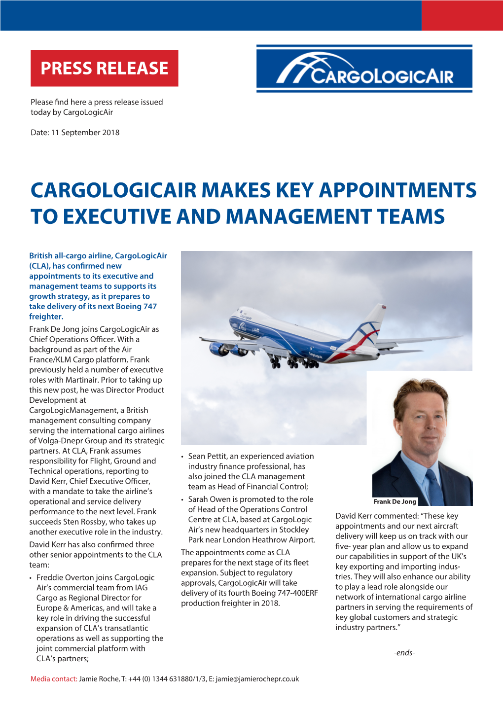 Cargologicair Makes Key Appointments to Executive and Management Teams