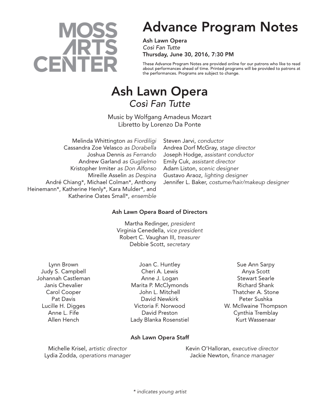 Advance Program Notes Ash Lawn Opera Così Fan Tutte Thursday, June 30, 2016, 7:30 PM