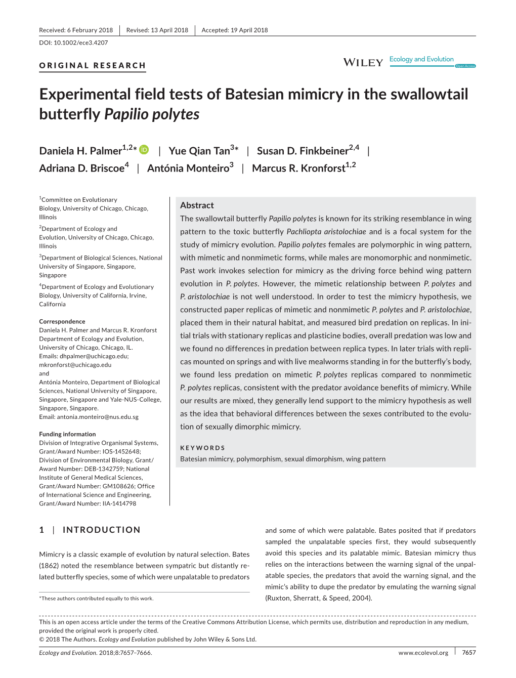 Experimental Field Tests of Batesian Mimicry in the Swallowtail Butterfly Papilio Polytes