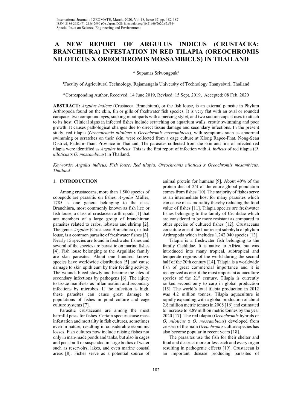 A New Report of Argulus Indicus (Crustacea: Branchiura) Infestation in Red Tilapia (Oreochromis Niloticus X Oreochromis Mossambicus) in Thailand