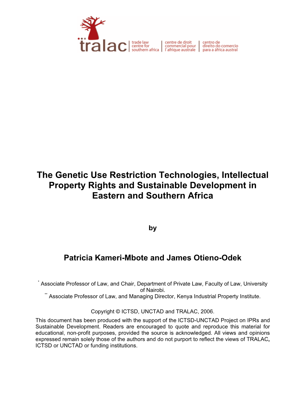 The Genetic Use Restriction Technologies, Intellectual Property Rights and Sustainable Development in Eastern and Southern Africa