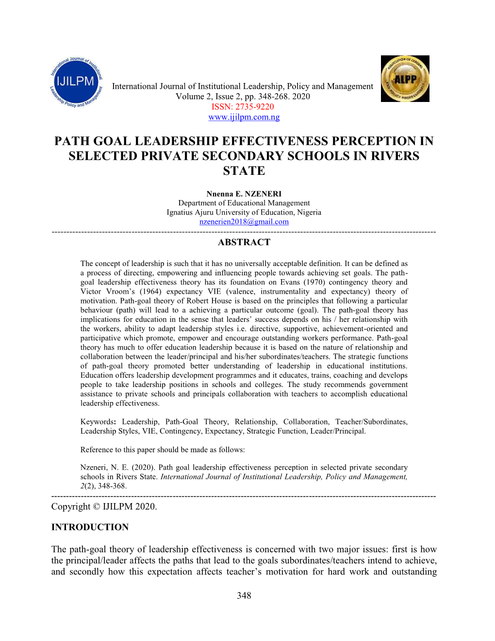 Path Goal Leadership Effectiveness Perception in Selected Private Secondary Schools in Rivers State