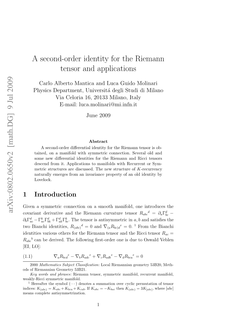 A Second-Order Identity for the Riemann Tensor and Applications