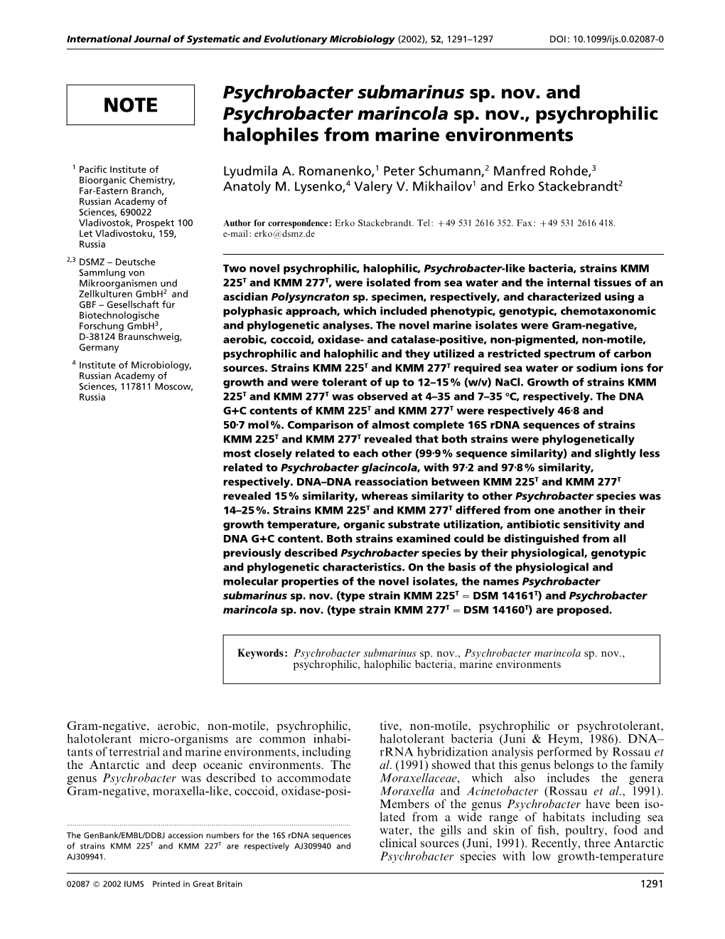 Psychrobacter Submarinus Sp. Nov. and Psychrobacter Marincola Sp