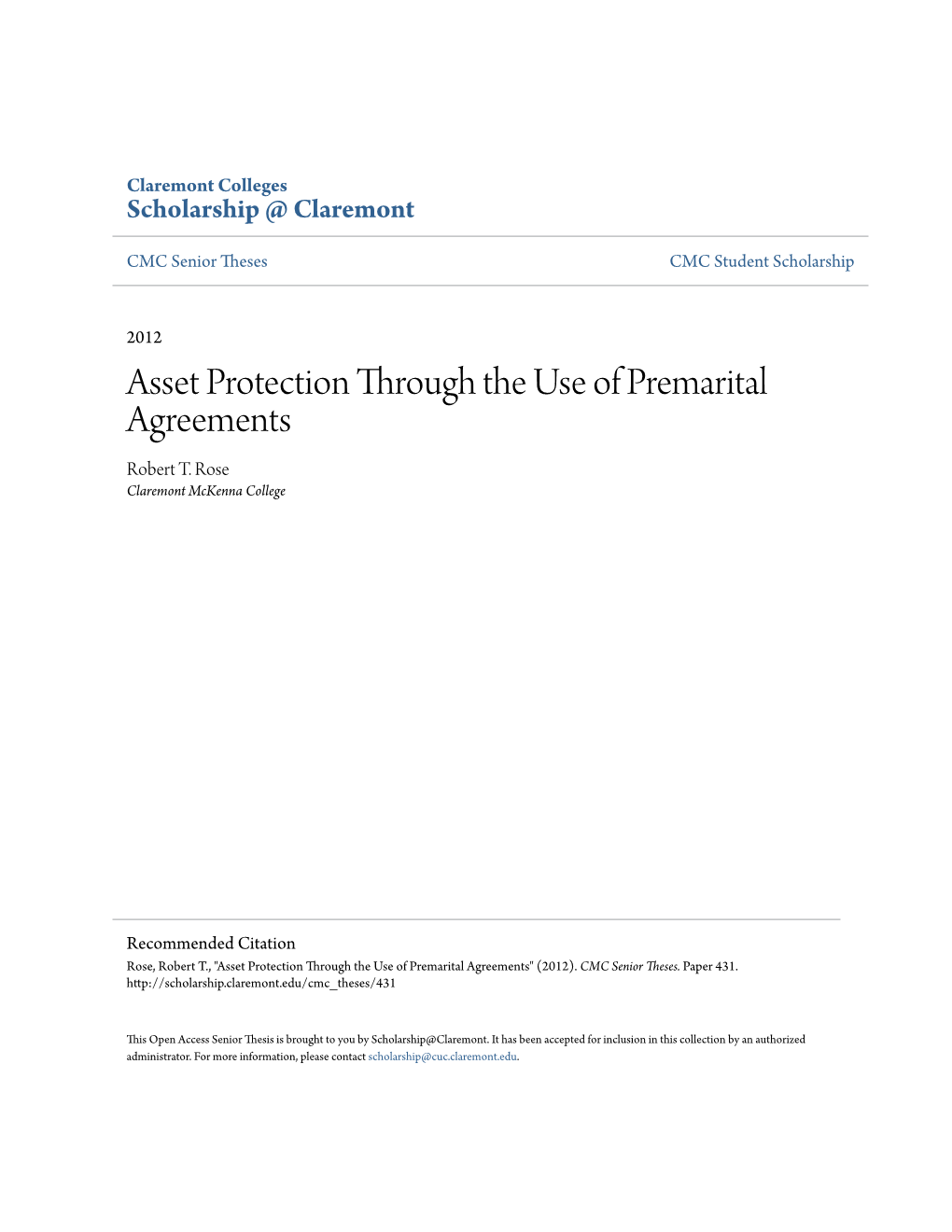 Asset Protection Through the Use of Premarital Agreements Robert T