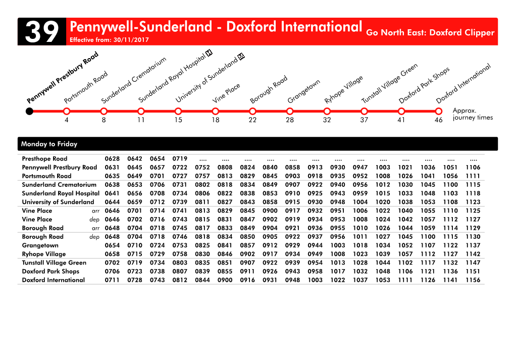 Pennywell-Sunderland - Doxford International Go North East: Doxford Clipper 39 Effective From: 30/11/2017