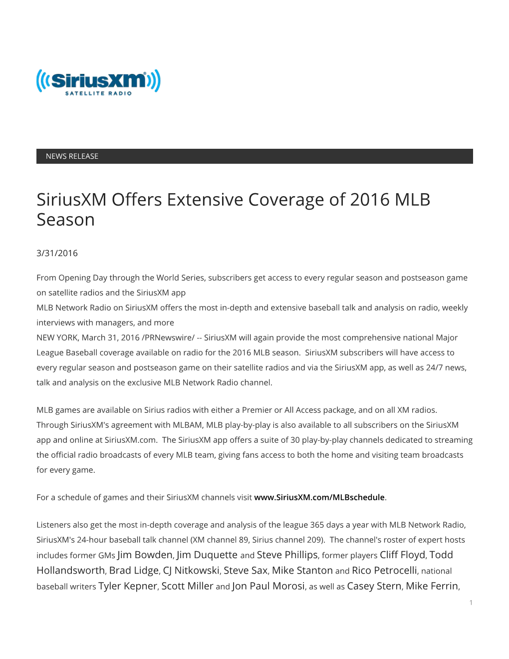 Siriusxm Offers Extensive Coverage of 2016 MLB Season