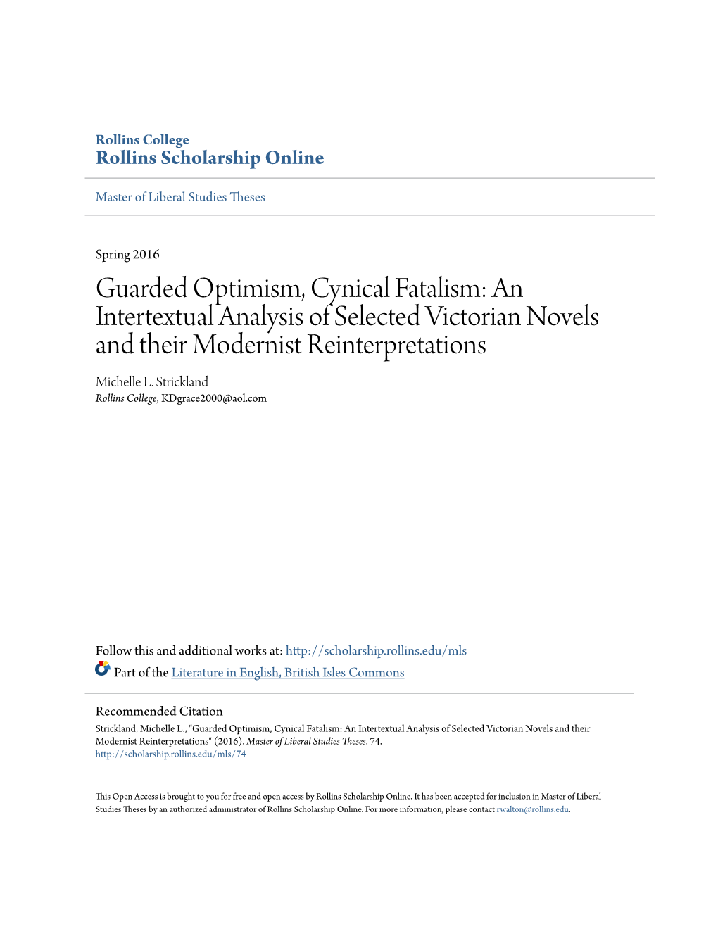 An Intertextual Analysis of Selected Victorian Novels and Their Modernist Reinterpretations Michelle L