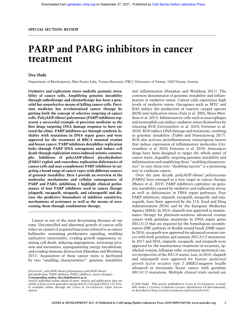 PARP and PARG Inhibitors in Cancer Treatment