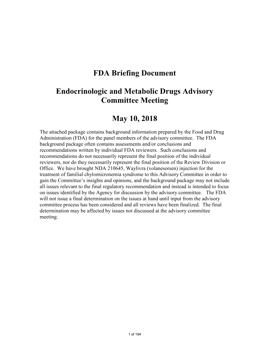 FDA Briefing Document Endocrinologic and Metabolic