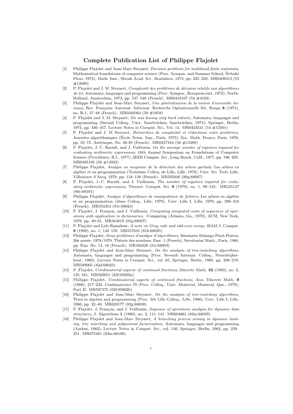 Complete Publication List of Philippe Flajolet