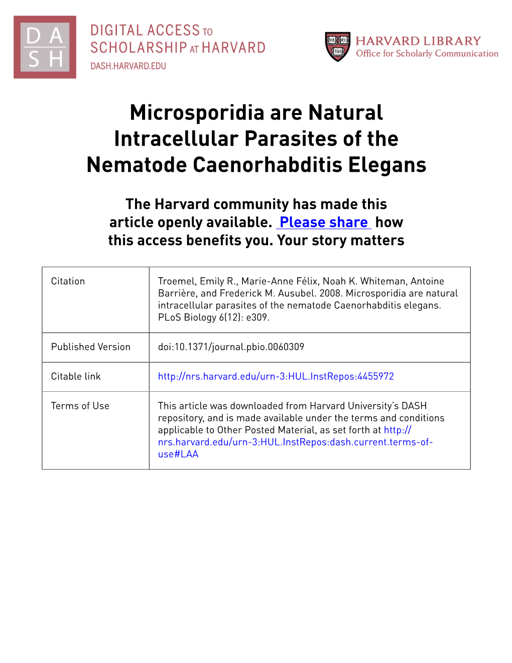 Microsporidia Are Natural Intracellular Parasites of the Nematode Caenorhabditis Elegans