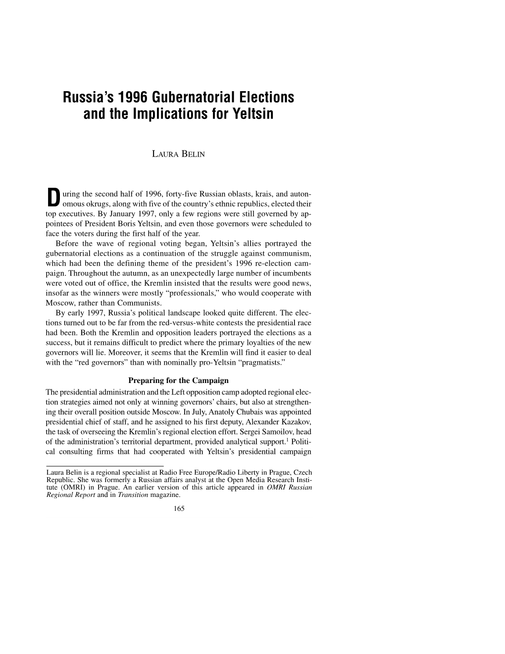 Russia's 1996 Gubernatorial Elections and the Implications for Yeltsin