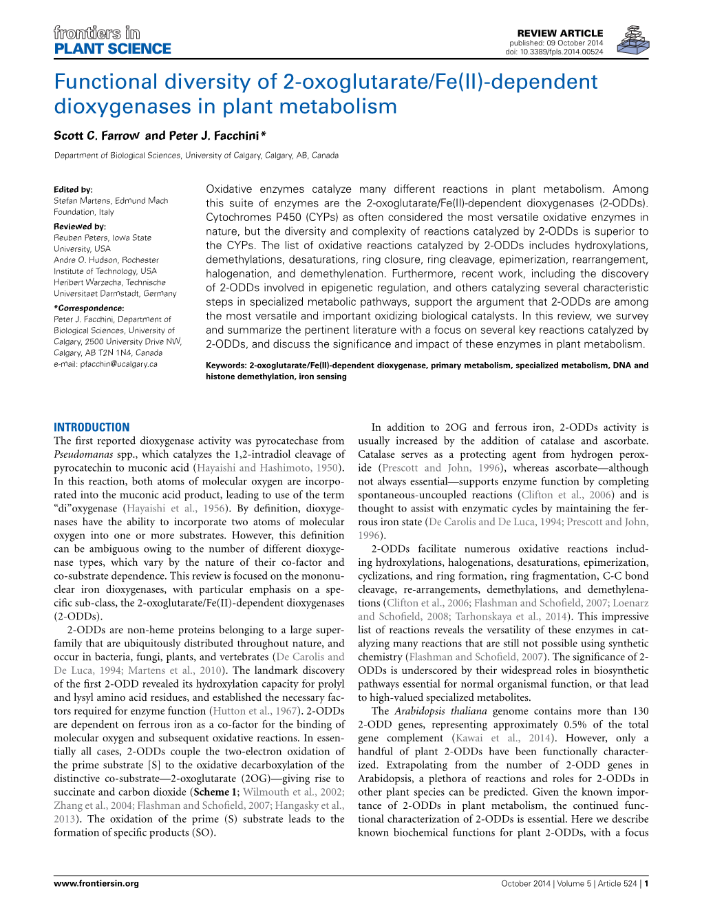 Functional Diversity of 2-Oxoglutarate/Fe(II)-Dependent Dioxygenases in Plant Metabolism