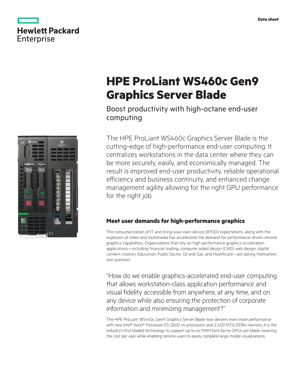 HPE Proliant Ws460c Gen9 Graphics Server Blade Boost Productivity with High-Octane End-User Computing Data Sheet