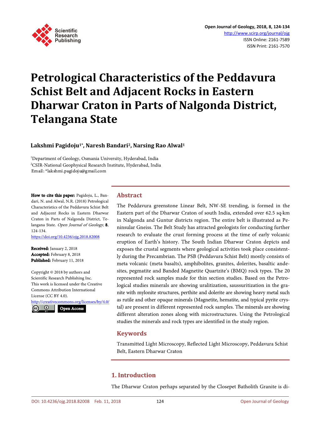 Petrological Characteristics of the Peddavura Schist Belt and Adjacent Rocks in Eastern Dharwar Craton in Parts of Nalgonda District, Telangana State
