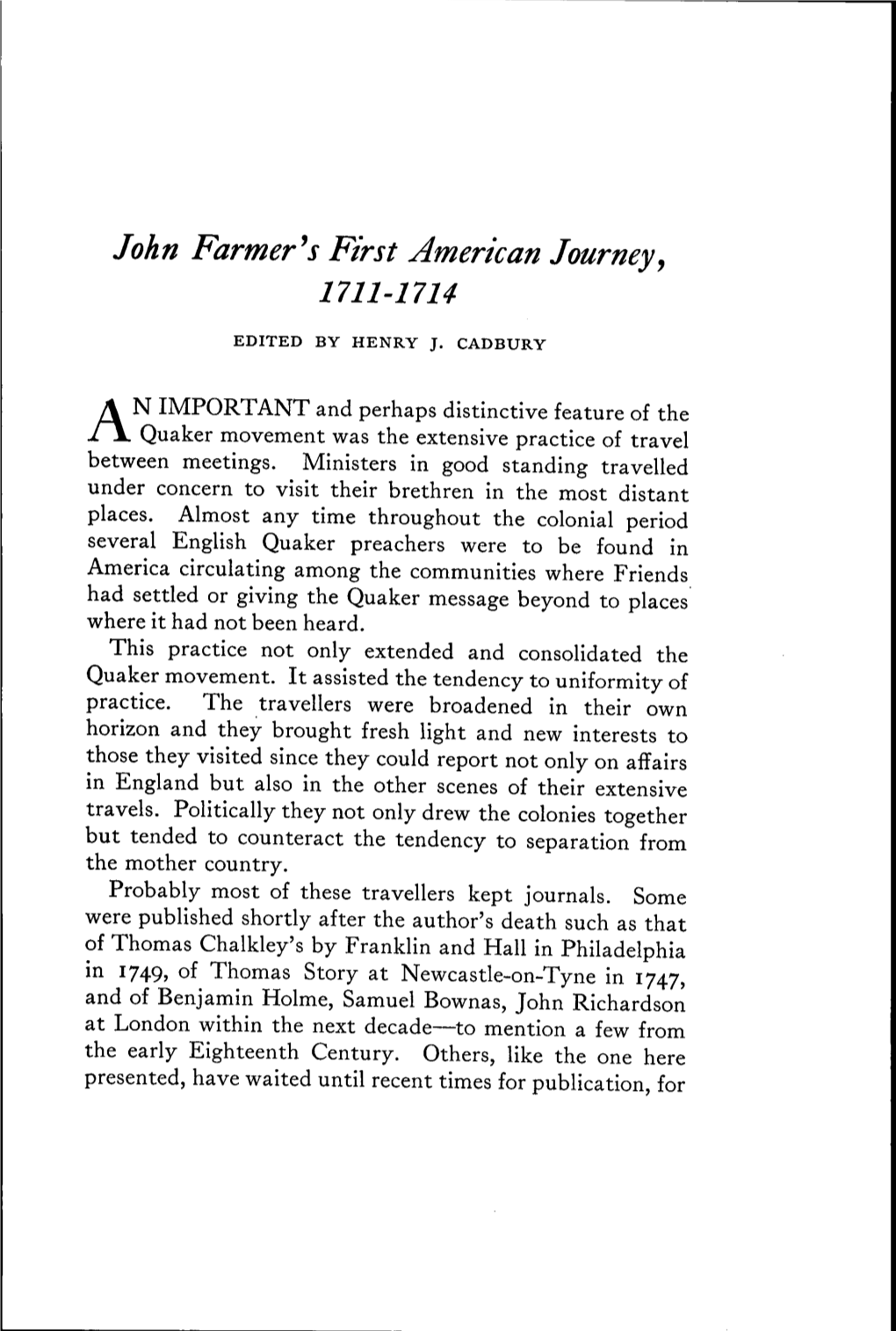 John Farmer^S First American Journey, 1711-1714