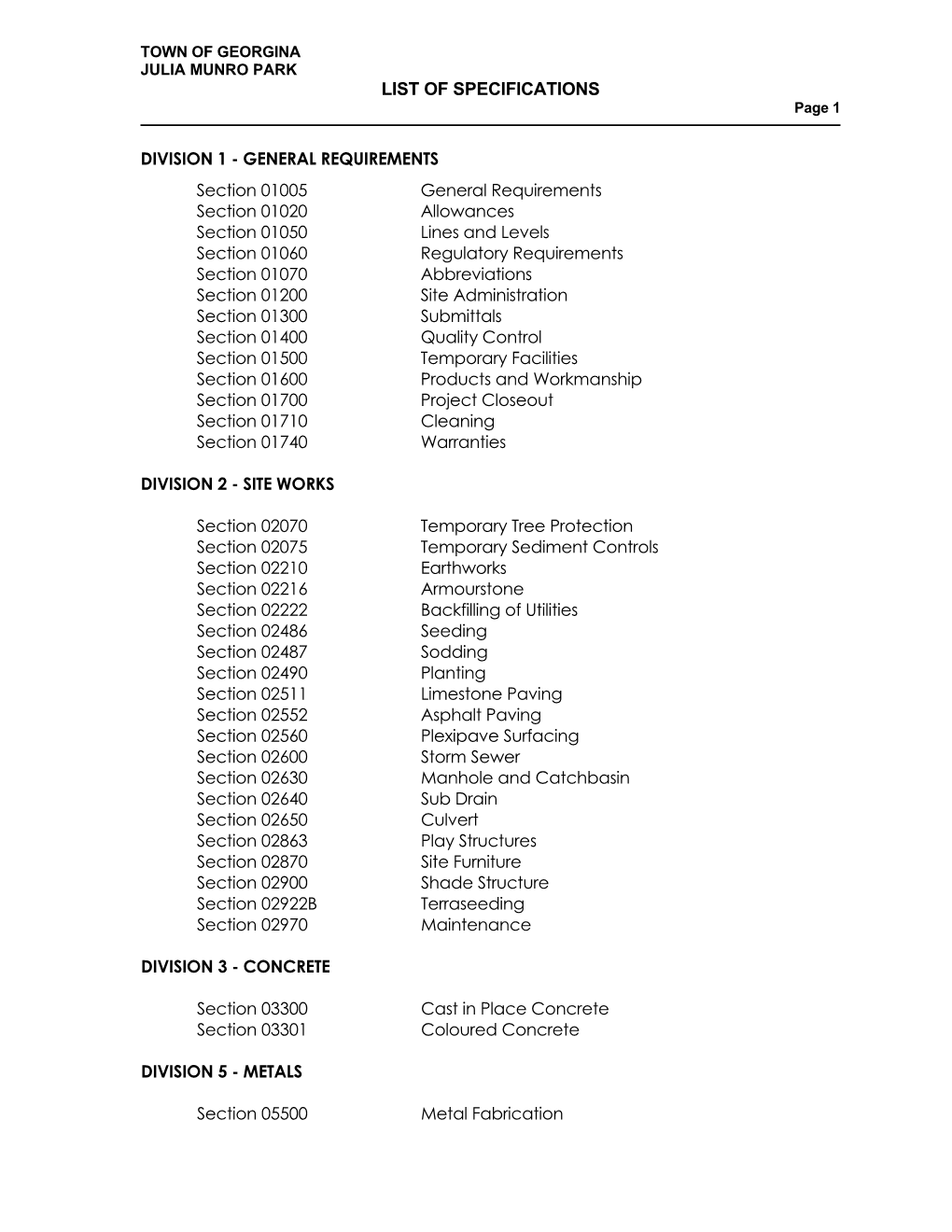 LIST of SPECIFICATIONS Page 1