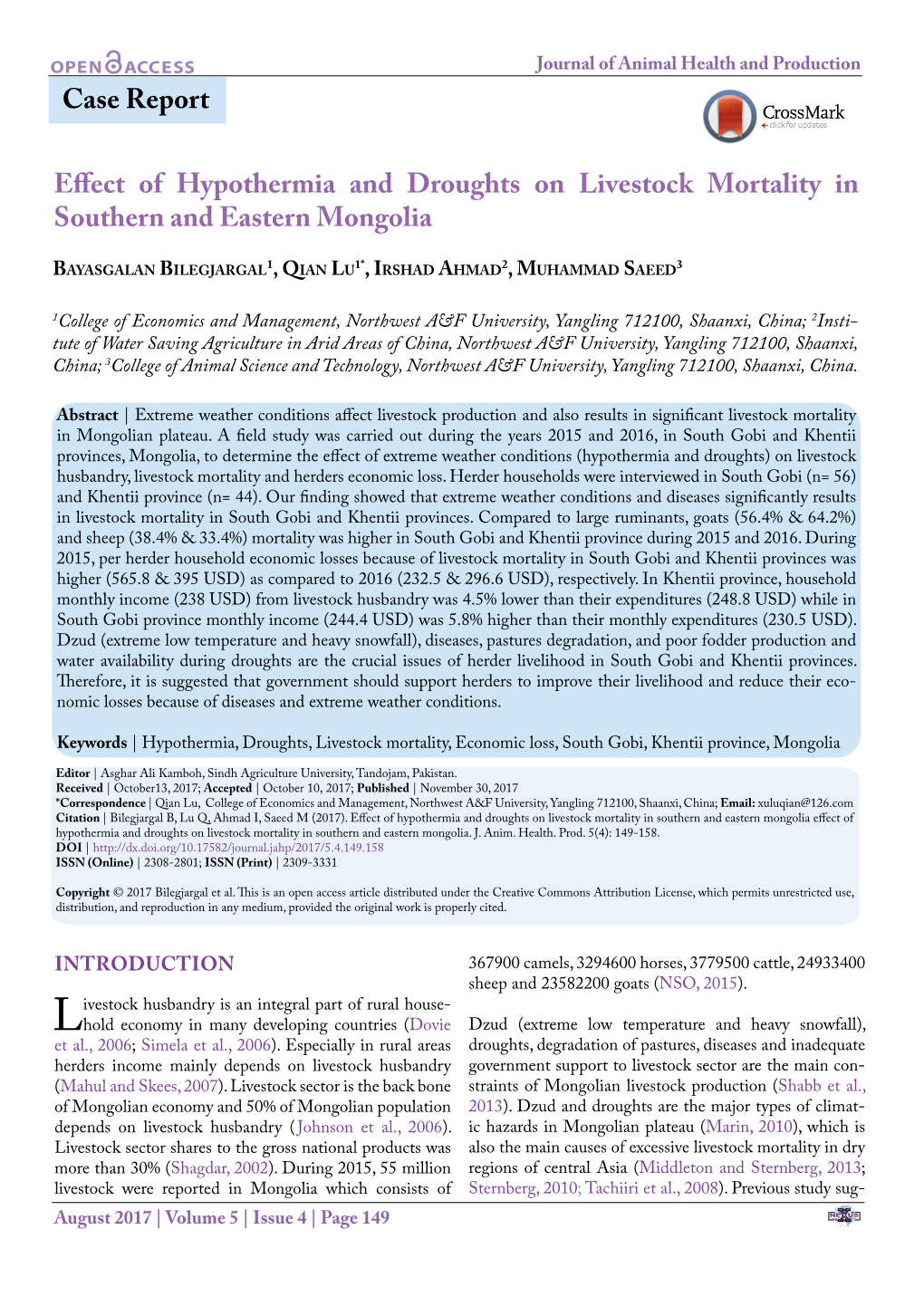 Case Report Effect of Hypothermia and Droughts on Livestock Mortality