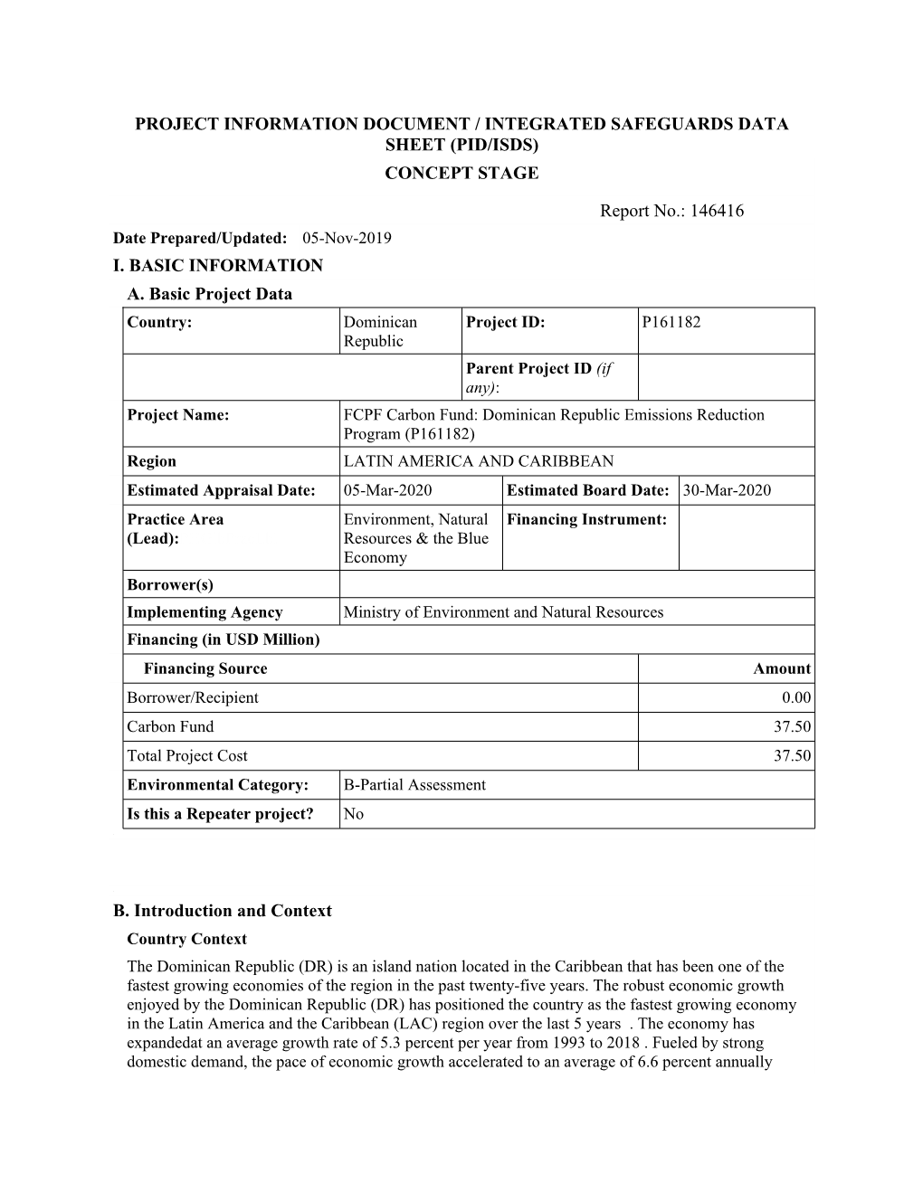 Project Information Document / Integrated Safeguards Data Sheet (Pid/Isds) Concept Stage