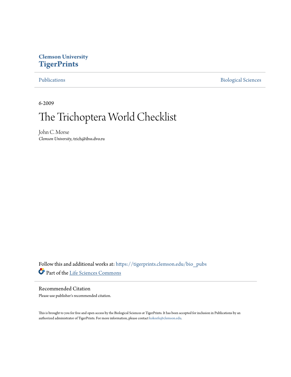 The Trichoptera World Checklist