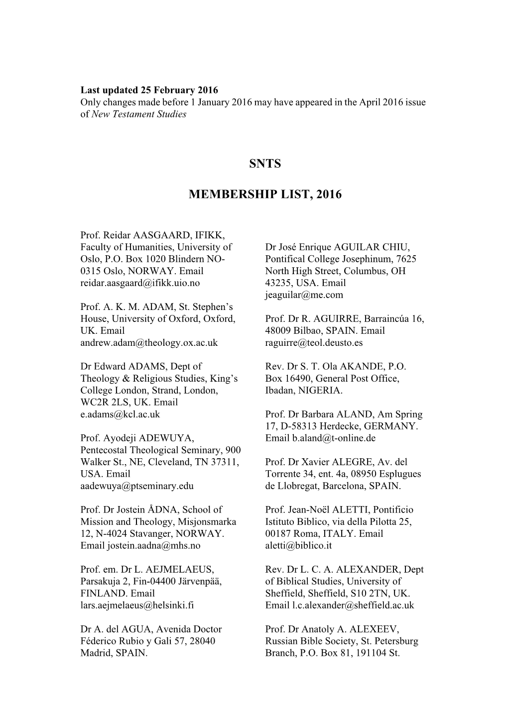 Snts Membership List, 2016