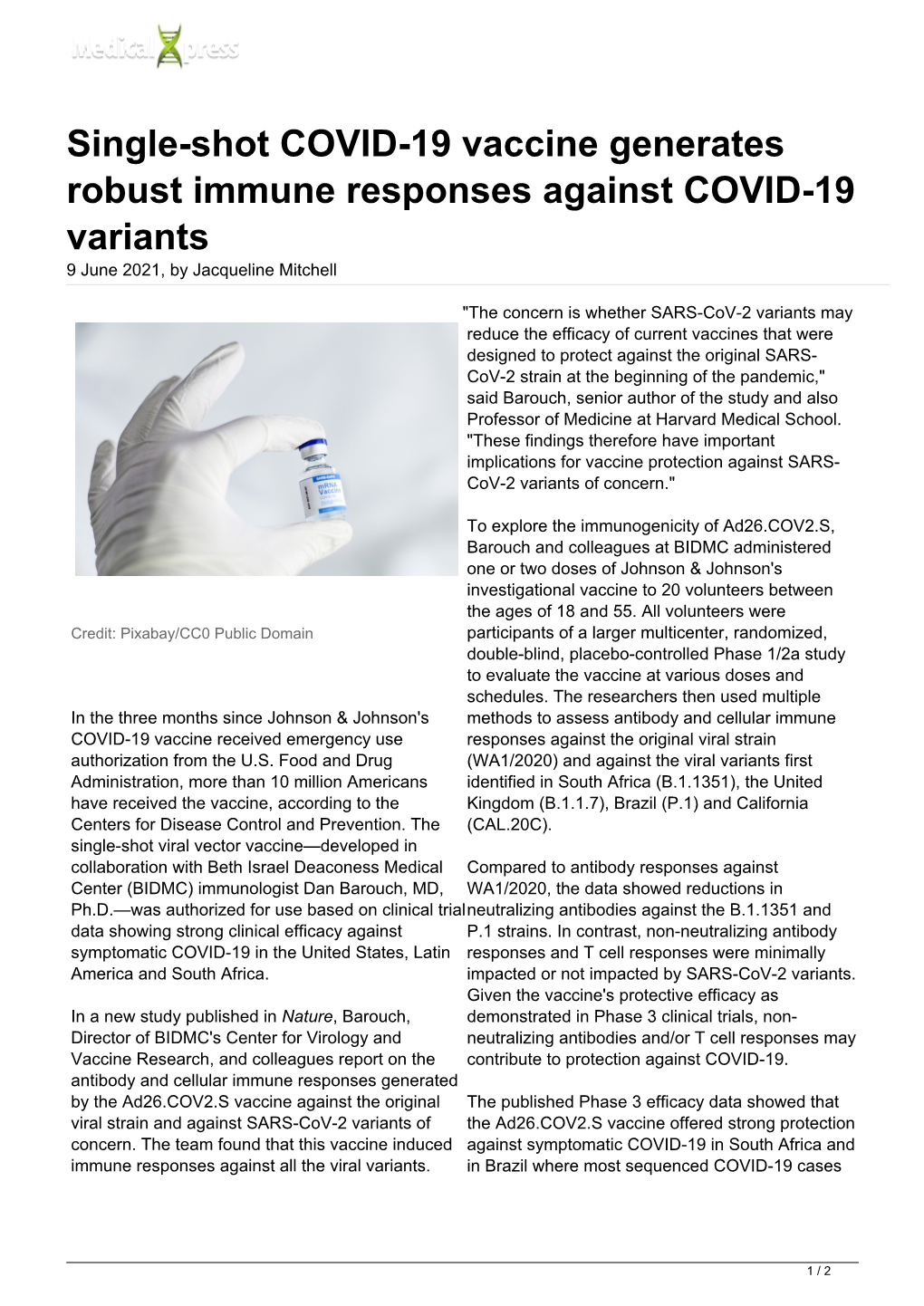 Single-Shot COVID-19 Vaccine Generates Robust Immune Responses Against COVID-19 Variants 9 June 2021, by Jacqueline Mitchell