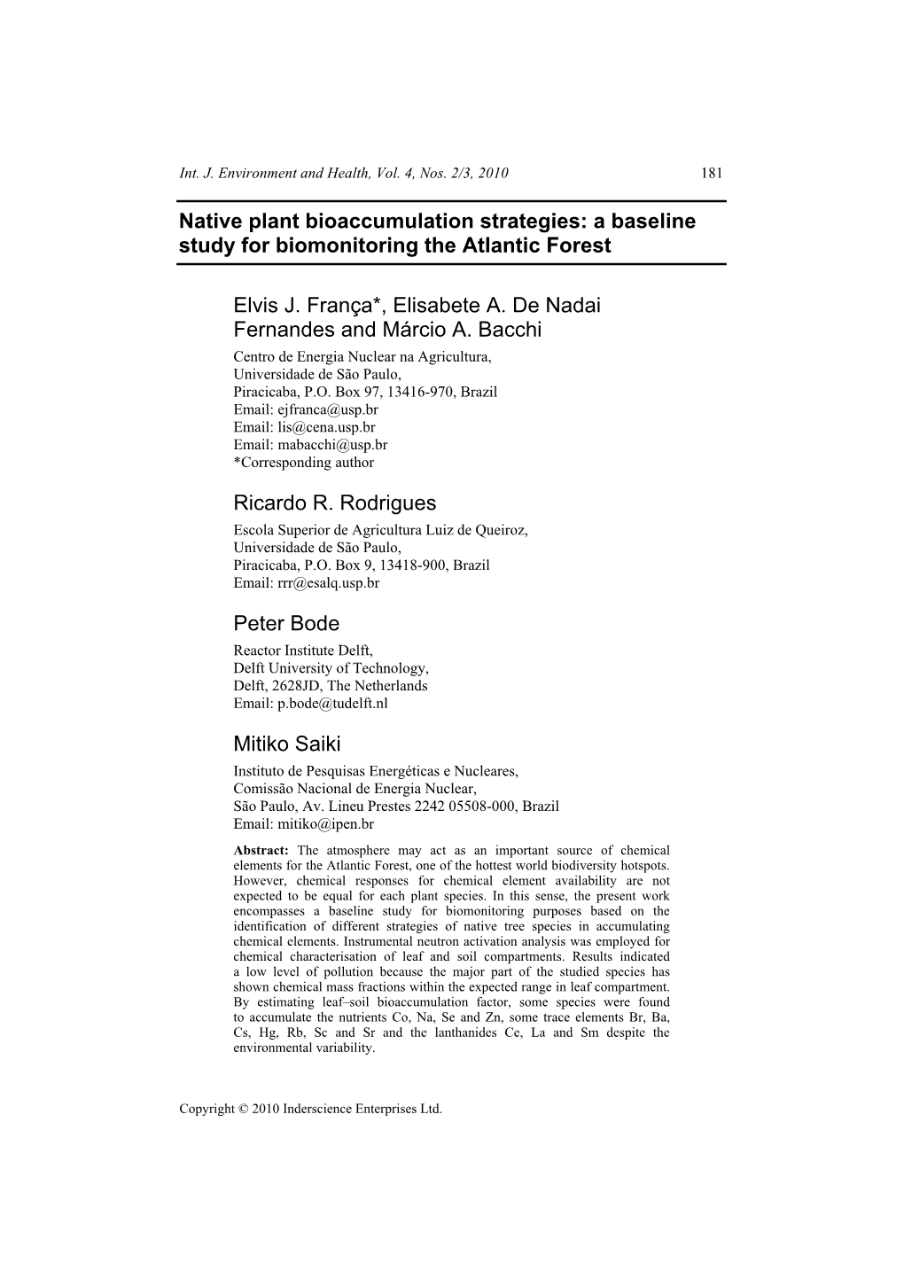 Native Plant Bioaccumulation Strategies: a Baseline Study for Biomonitoring the Atlantic Forest