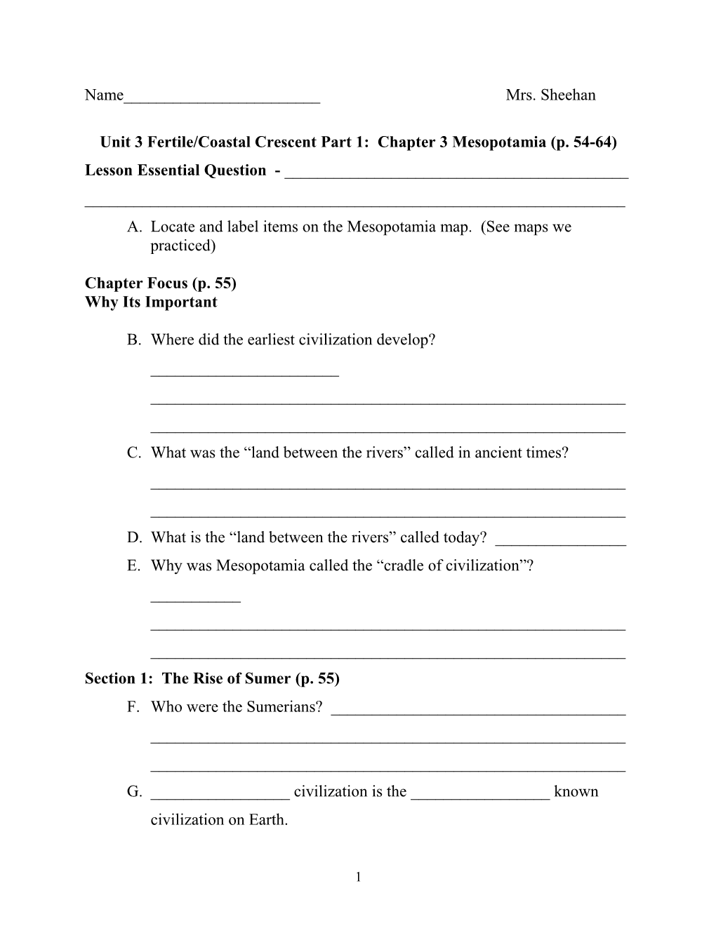 Unit 3 Fertile/Coastal Crescent Part 1: Chapter 3 Mesopotamia (P. 54-64)