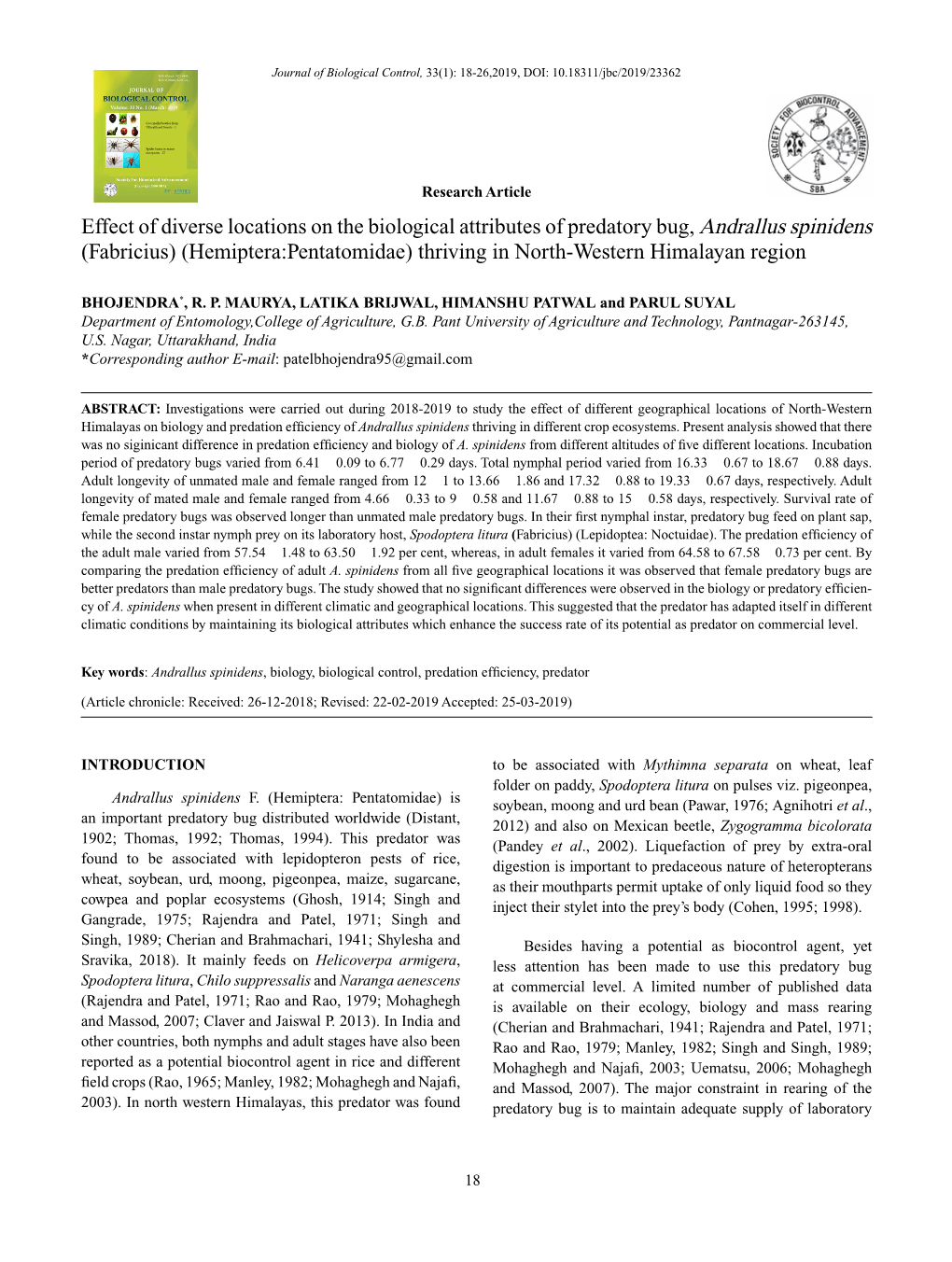 Effect of Diverse Locations on the Biological Attributes of Predatory