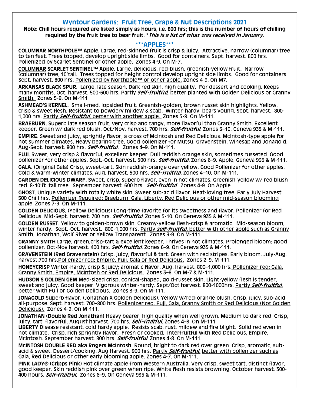 Fruit Tree, Grape & Nut Descriptions 2021 ***APPLES