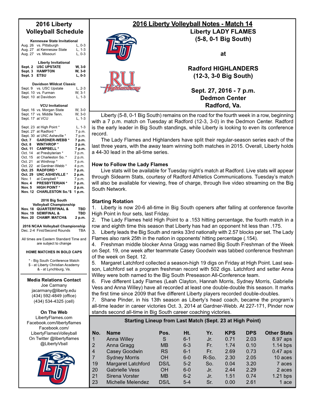2016 Liberty Volleyball Notes - Match 14 Volleyball Schedule Liberty LADY FLAMES