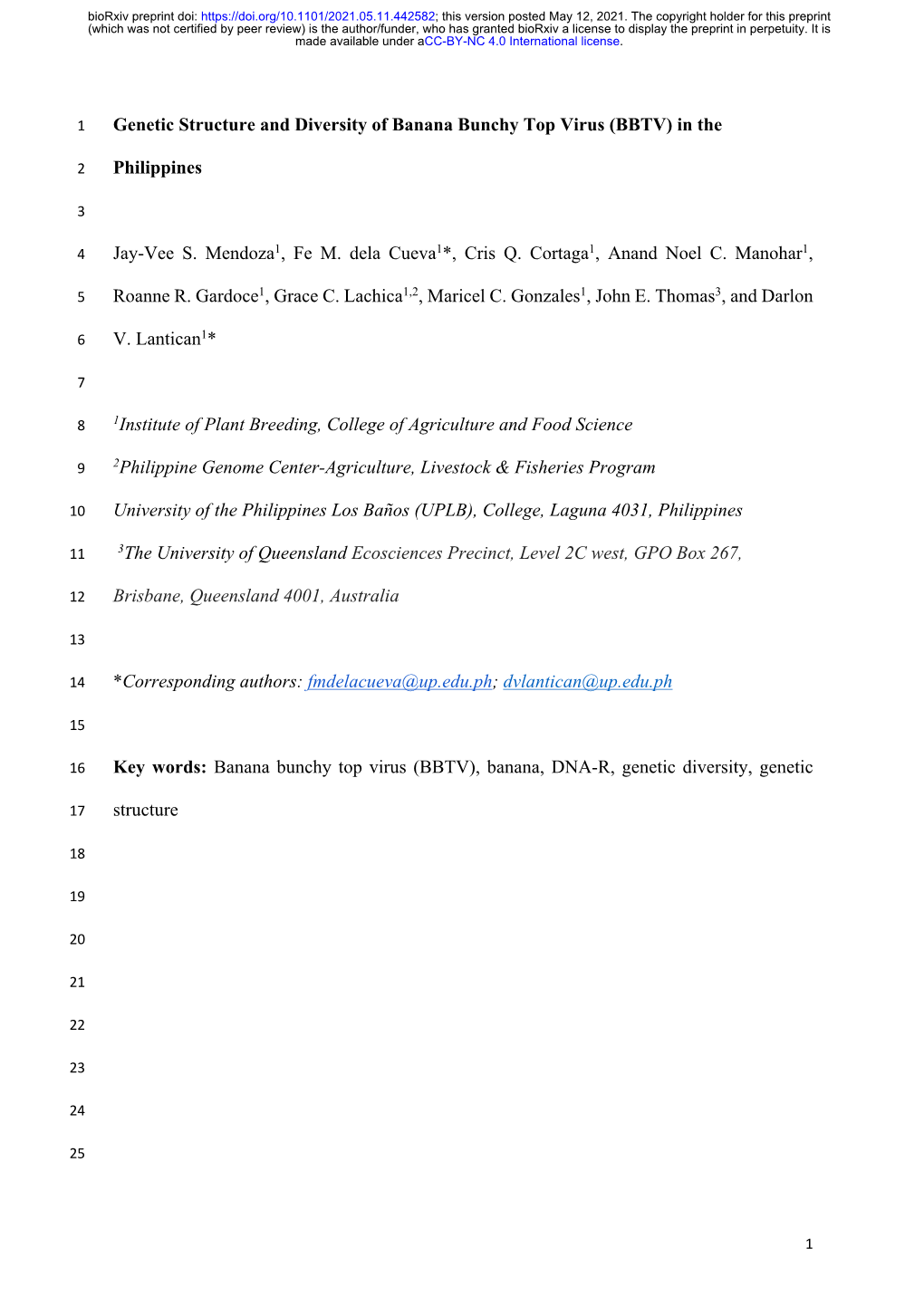 Genetic Structure and Diversity of Banana Bunchy Top Virus (BBTV) in The