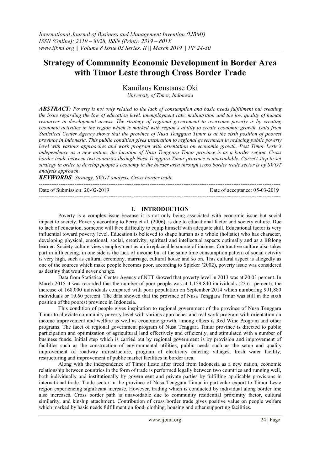 Strategy of Community Economic Development in Border Area with Timor Leste Through Cross Border Trade