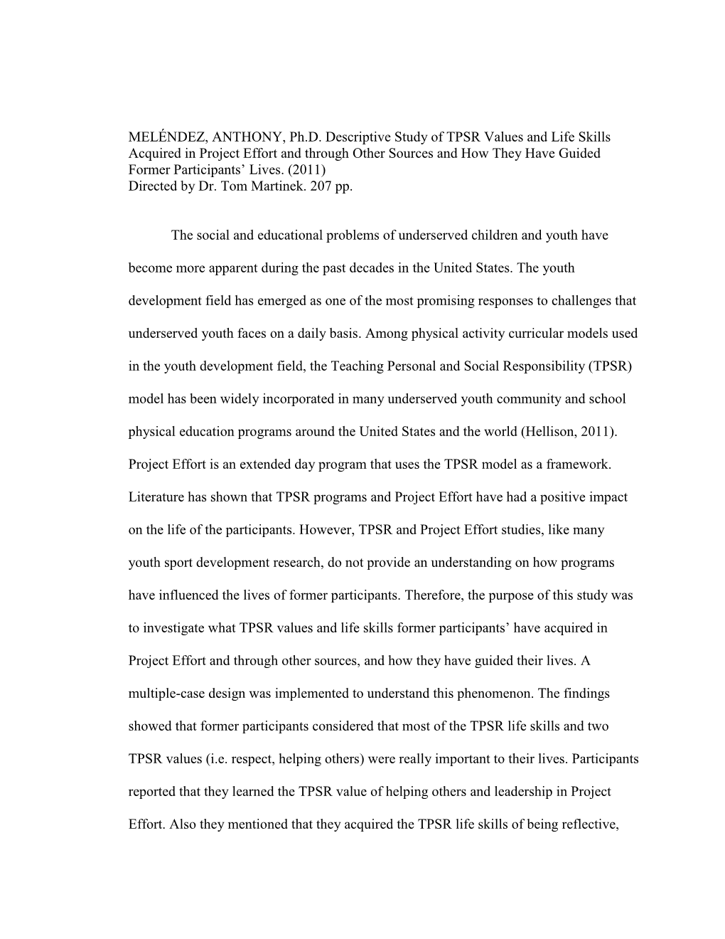 Descriptive Study of TPSR Values and Life Skills Acquired in Project Effort and Through Other Sources and How They Have Guided Former Participants’ Lives