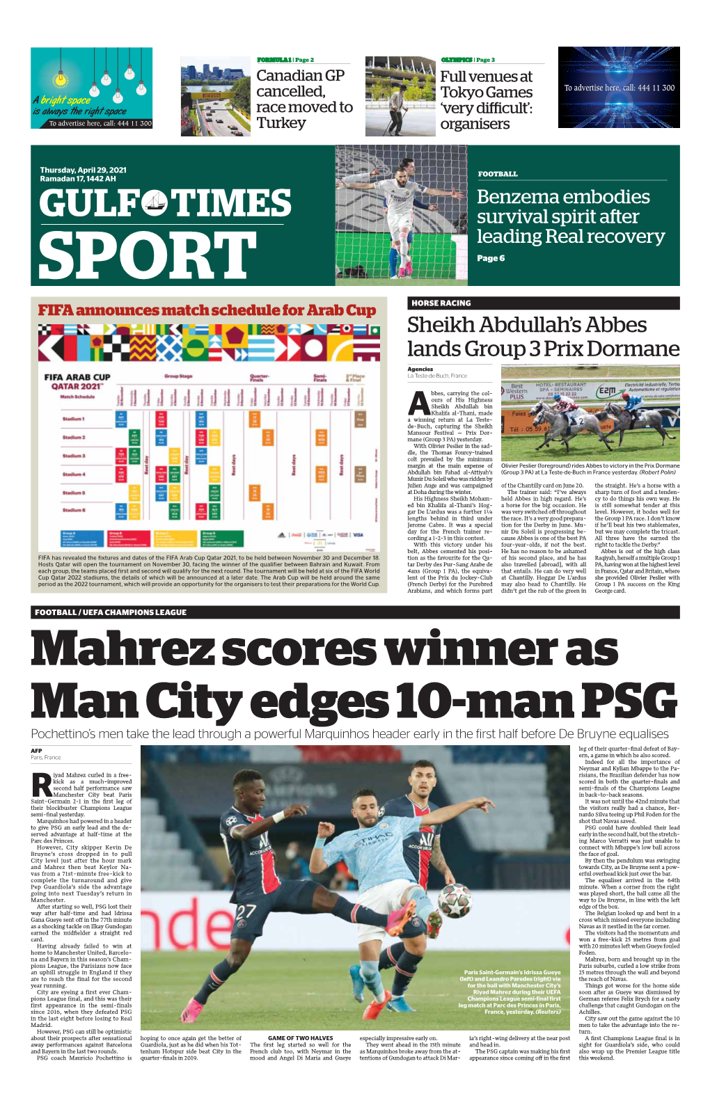 SPORT Page 6 FIFA Announces Match Schedule for Arab Cup HORSE RACING Sheikh Abdullah’S Abbes Lands Group 3 Prix Dormane Agencies La Teste-De-Buch, France