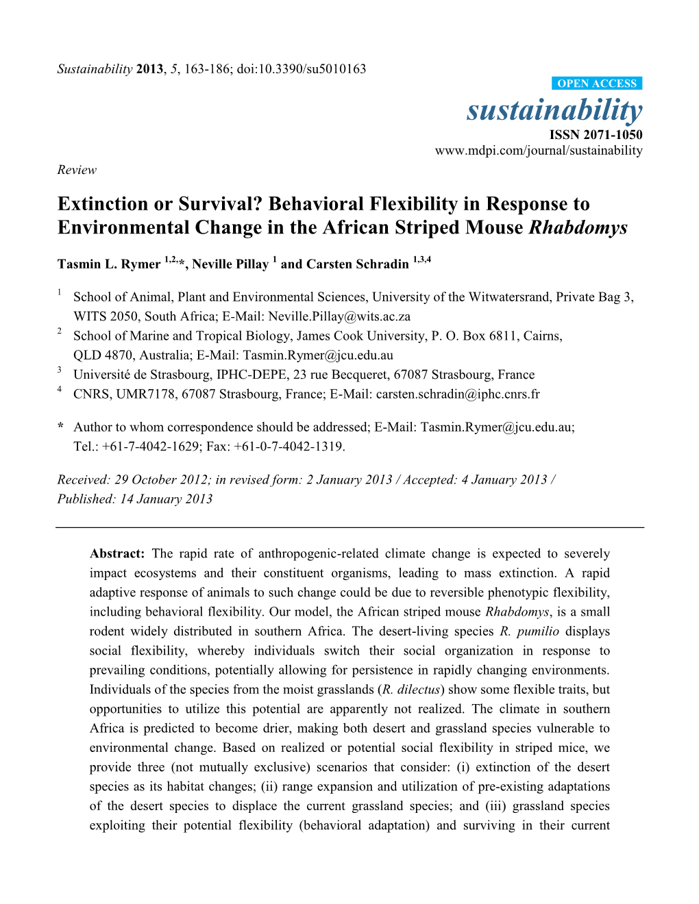 Extinction Or Survival? Behavioral Flexibility in Response to Environmental Change in the African Striped Mouse Rhabdomys