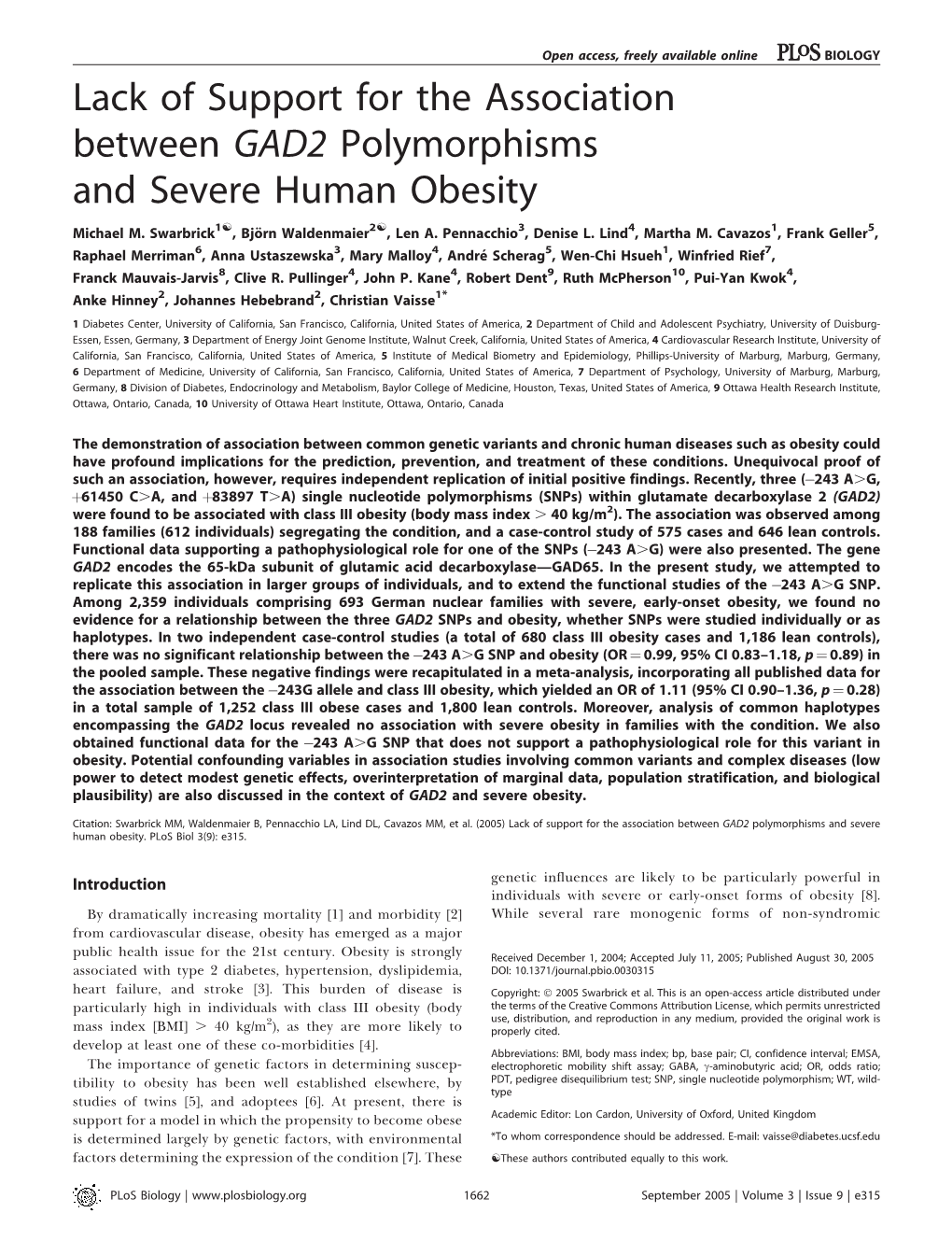 Lack of Support for the Association Between GAD2 Polymorphisms and Severe Human Obesity