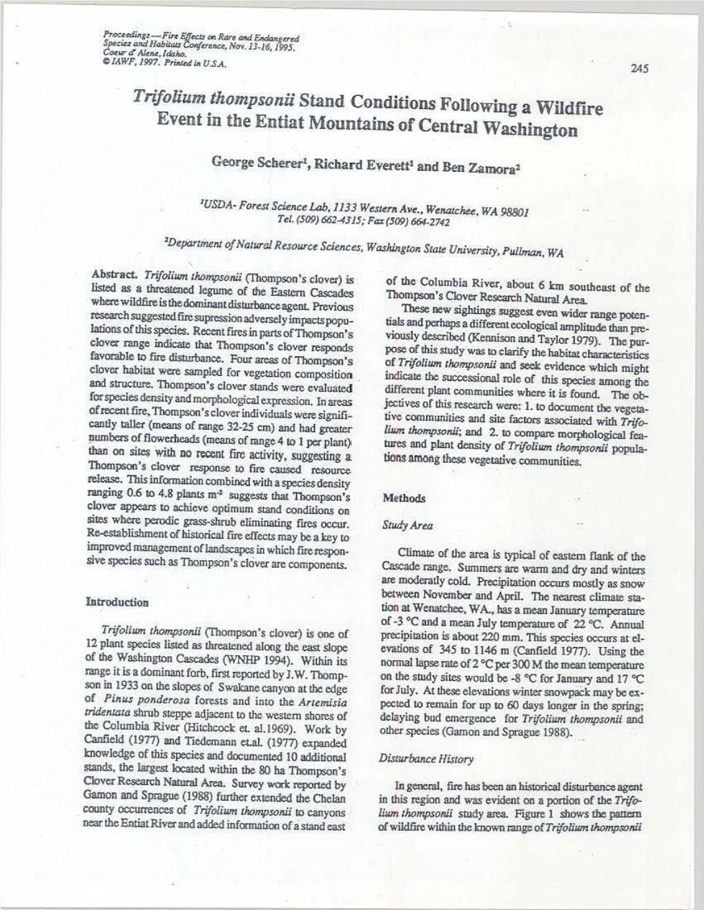 Trifolium Thompsonii Stand Conditions Following a Wildfire Event in the Entiat Mountains of Central Washington