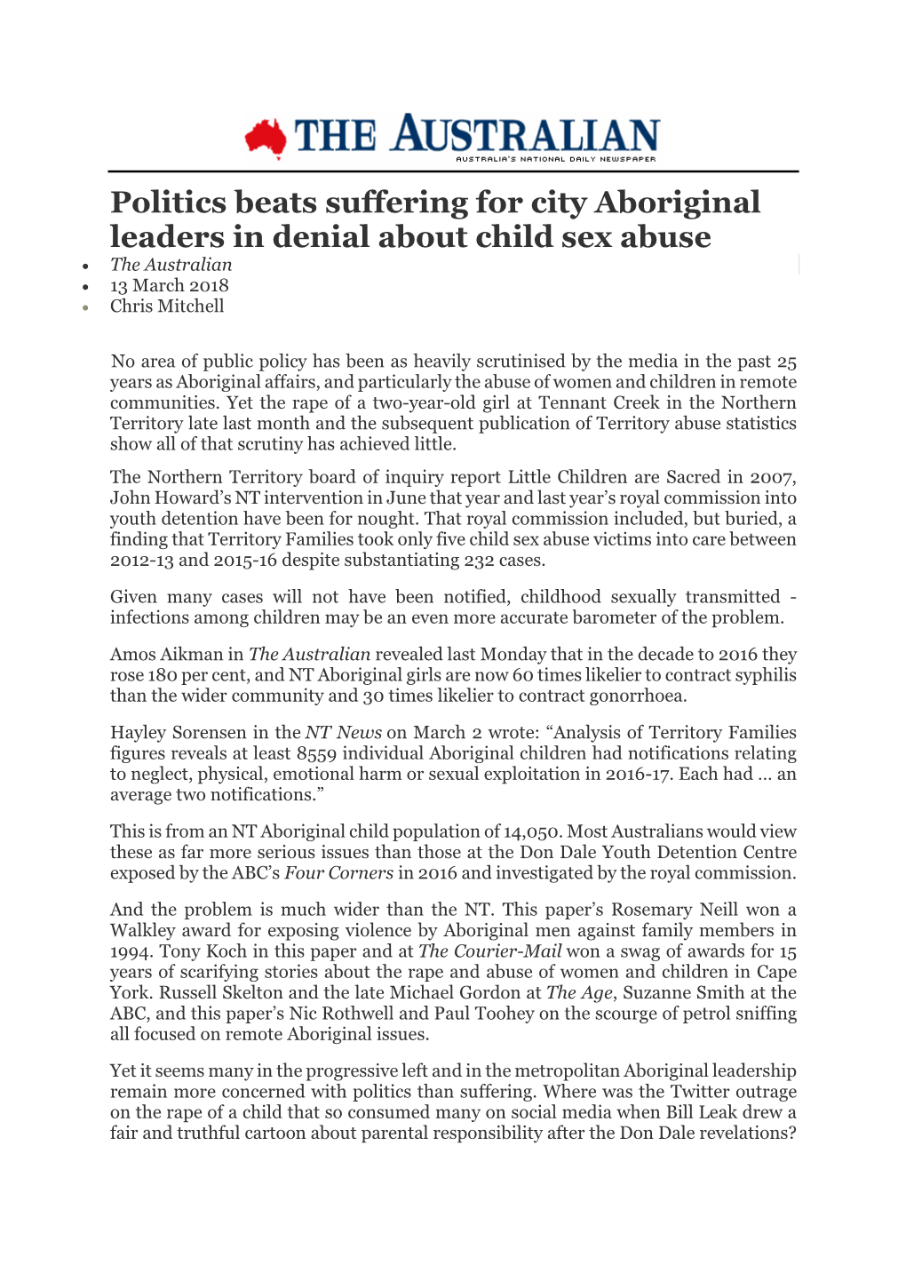 Politics Beats Suffering for City Aboriginal Leaders in Denial About Child Sex Abuse • the Australian • 13 March 2018 • Chris Mitchell