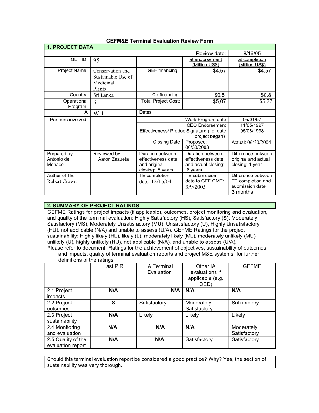 GEFM&E Terminal Evaluation Review Form